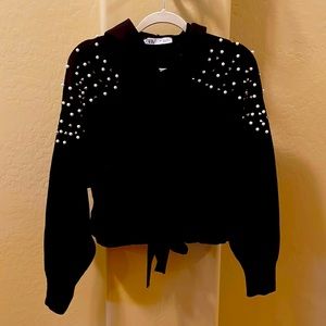 Black embellished (minor crop) with tie at bottom hoodie sweater